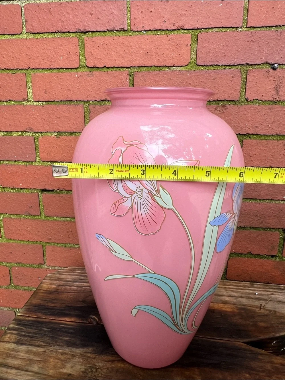 Vintage 1980s Pink Ceramic Floor Vase with Hand-Painted Art Deco Iris Design